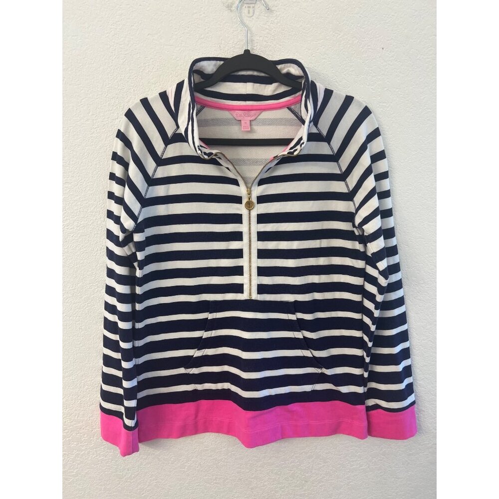 Lilly Pulitzer skipper popover Striped Quarter-Zip Navy & White With Pink Trim s